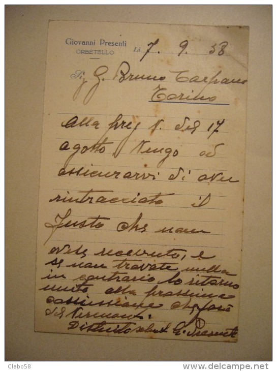 1938 BAR  PASTICCERIA GIOVANNI PRESENTI ORBETELLO CARTOLINA D'ORDINE ALLA CARPANO - Caffé