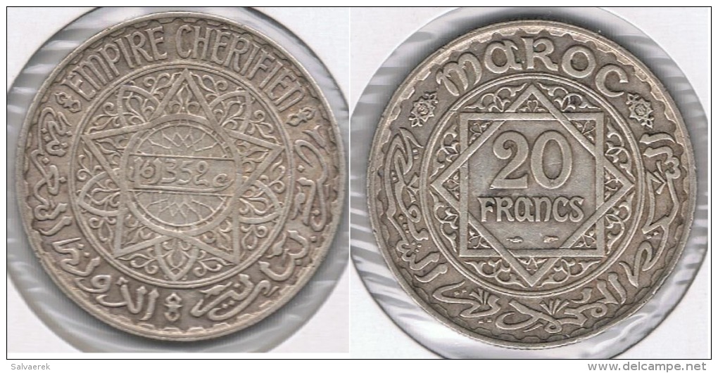 MARRUECOS IMPERIO CHERIFIEN  20 FRANCOS 1352 PLATA SILVER T - Marruecos