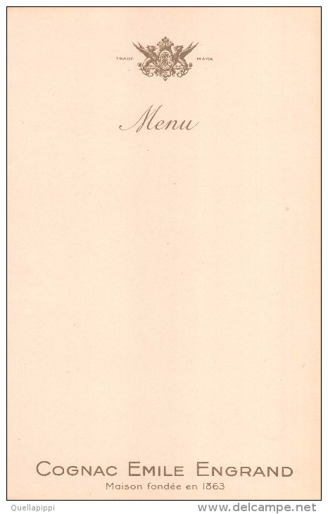 02476 "MENU DECORATO IN ORO A RILIEVO CON PUBBLICITA´  DEL COGNAC EMILE ENGRAND 1863".  ORIGINALE - Menu