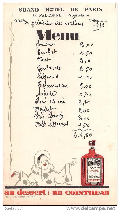 02483 "MENU - PREVENTIVO - DECORATO CON PUBBLICITA´  COINTREAU - GRAND HOTEL DE PARIS - G. FALCONNET - GRAY 1933".  ORIG - Menu