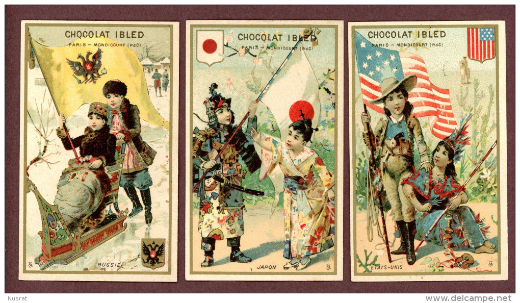 Chocolat Ibled,  Lot De 3 Chromos, Lith. J. Minot, Thème Pays, Drapeaux, Blasons, Etats-Unis, Japon, Russie - Otros & Sin Clasificación