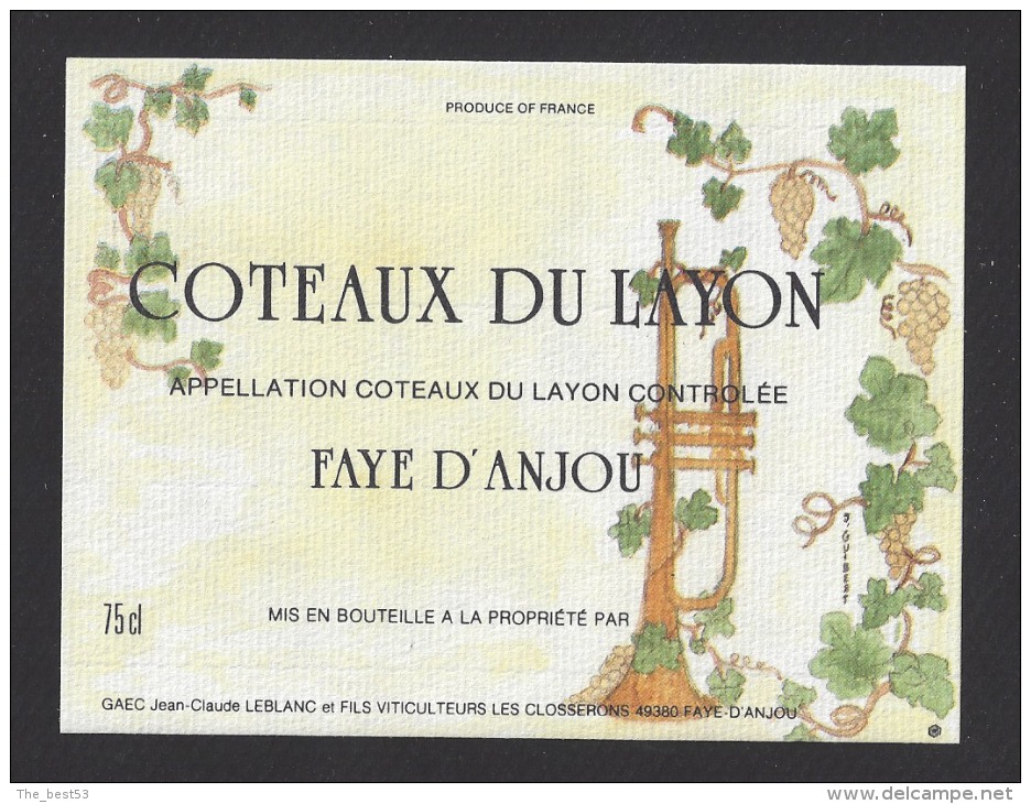 Etiquette De Vin Coteaux Du Layon Faye D´Anjou - Theme Musique, Trompette - Illustrateur J. Guibert - Música