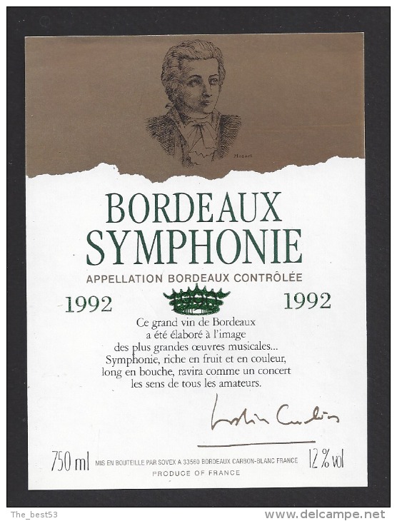 Etiquette De Vin Bordeaux 1992 -  Symphonie  - Thème Musique, Mozart - Musique