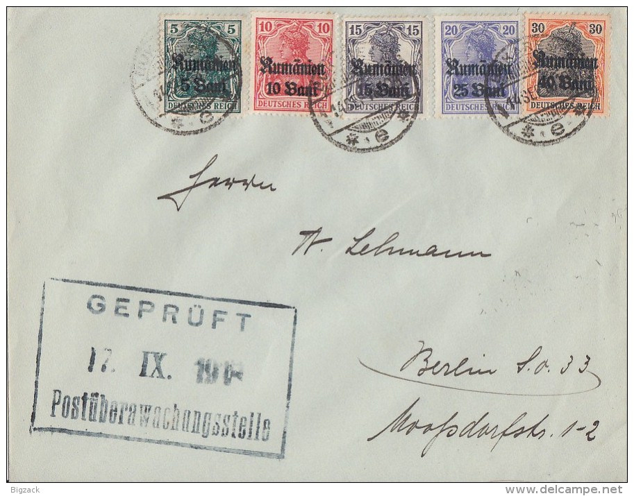 Dt. Besetzung Rumänien Brief Mif Minr.8-12 Bukarest 14.9.18 Zensurstempel - Besetzungen 1914-18