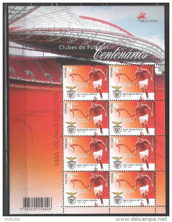 PORTUGAL SPORT LISBOA BENFICA 100 YEARS MINI SHEET 2005 - 8 MNH STAMPS - RARE - Usati