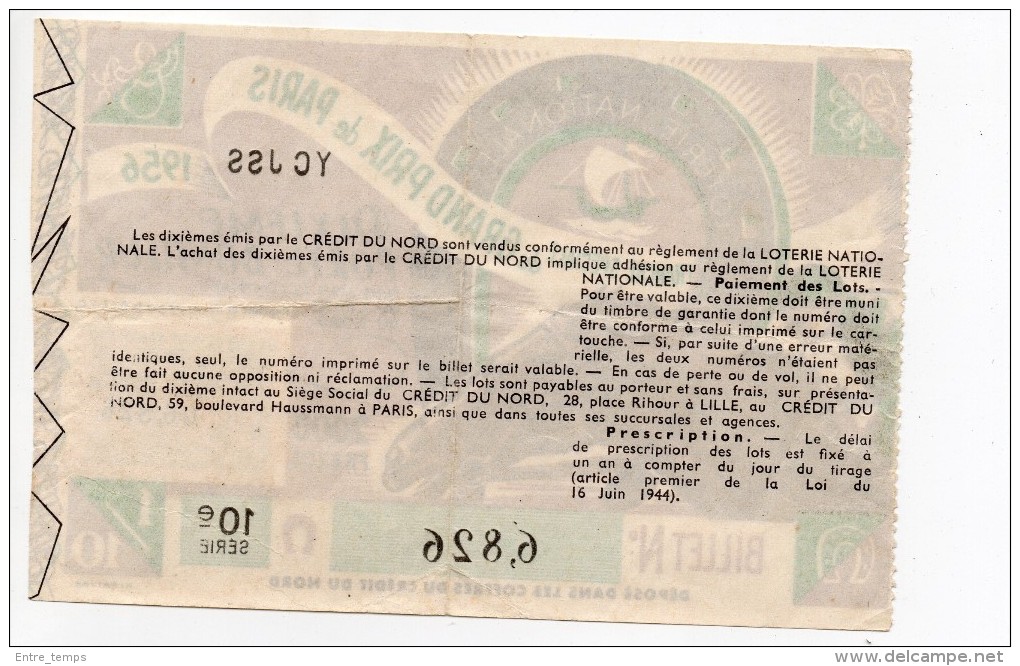 Billet Loterie Nationale Grand Prix De Paris 1956  Tiercé Hippisme - Billets De Loterie