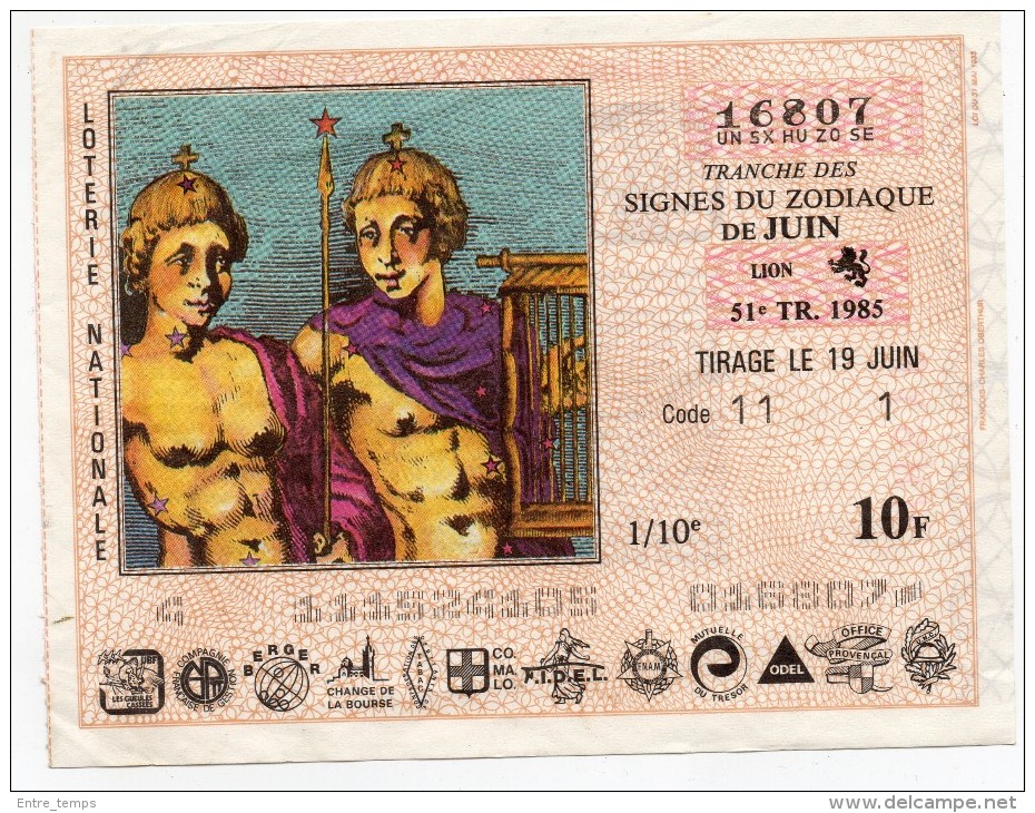 Billet Loterie Zodiaque Lion 19 Juin 1985 Gueules Cassées - Biglietti Della Lotteria