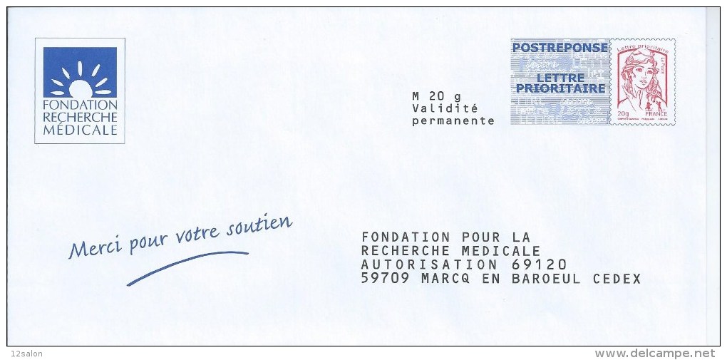 LETTRE FRANCE POSTREPONSE Poste Reponse Entier Marianne FONDATION RECHERCHE MEDICALE - Disease