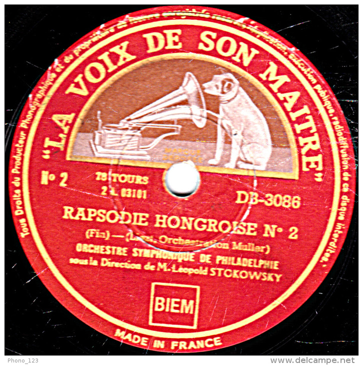 78 Trs 30 Cm  état TB -  L'ORCHESTRE SYMPHONIQUE DE PHILADELPHIE -  RAPSODIE HONGROISE 1re Partie Et Fin - 78 T - Disques Pour Gramophone