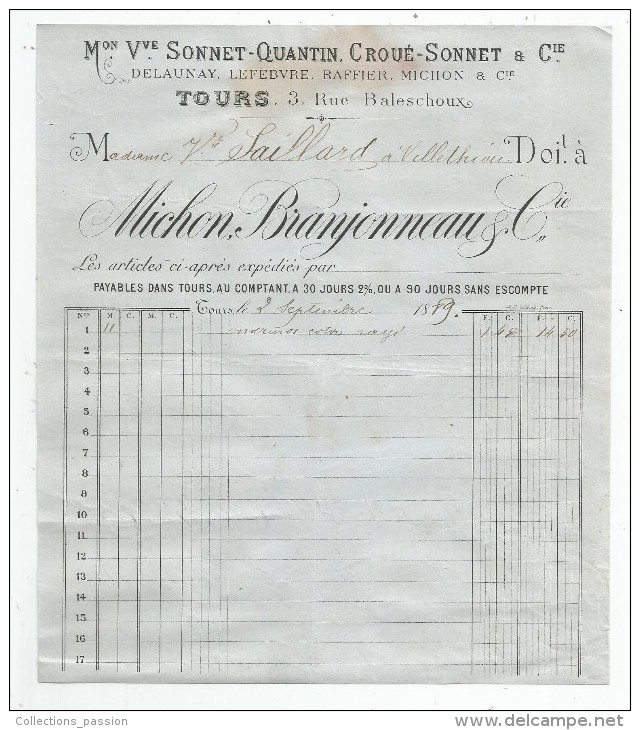 Facture , 1889 , TOURS , MICHON , BRANJONNEAU & Cie  ,  Frais Fr : 1.50€ - 1800 – 1899