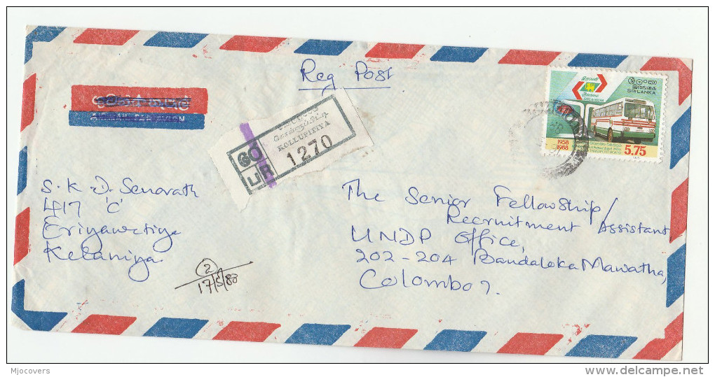 REGISTERED Air Mail KOLLUPITTYA  SRI LANKA COVER Transport BUS Stamps To UNDP UNITED NATIONS Un - Sri Lanka (Ceylon) (1948-...)