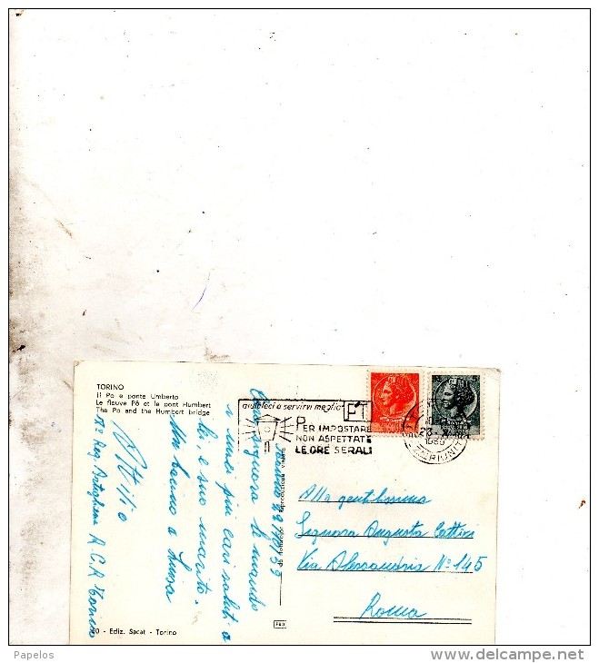 1959 CARTOLINA  TORINO + TARGHETTA AIUTATECI A SERVIRVI MEGLIO P.T. - Fiume Po