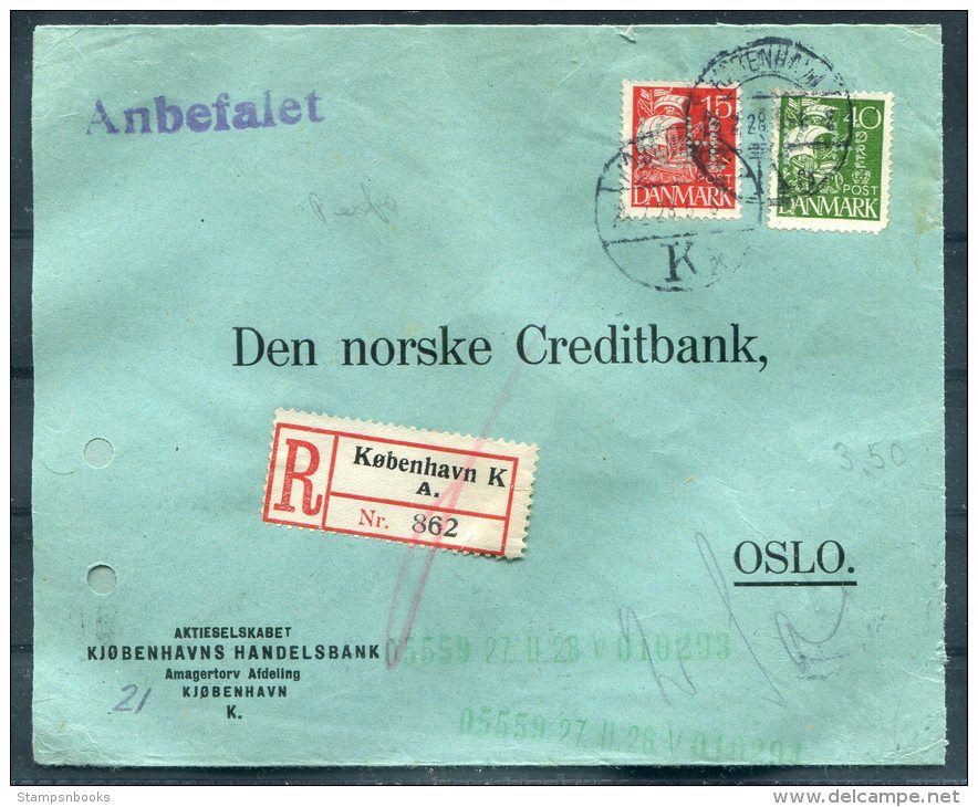 1928 Denmark Copenhagen Handelsbank Registered PERFIN Cover - Norske Creditbank Oslo, Norway Norge R - Covers & Documents
