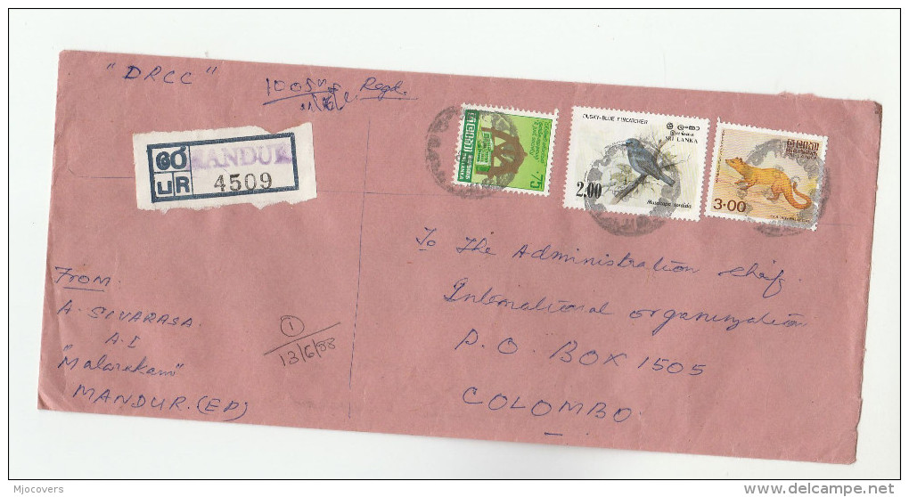 REGISTRED Mandur SRi LANKA COVER Muli Stamps BIRD Birds CIVET - Sri Lanka (Ceylon) (1948-...)