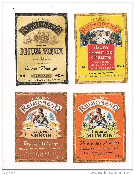 4 Etiquettes Rhum Et Liqueurs Reimonenq 20 Cl 40 Et 25 % : Coeur De Chauffe,vieux 9 Ans, Mombin,shrob  - GUADELOUPE - - Rum