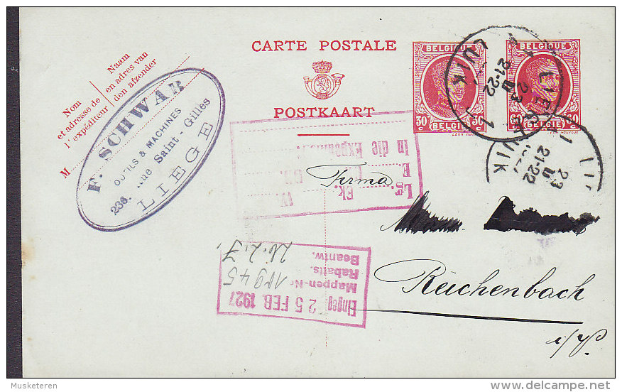 Belgium Postal Stationery Ganzsache Entier 30 C. / 60 C. Albert I. F. SCHWAR, LIEGE 1927 REICHENBACH Germany (2 Scans) - Postkarten 1909-1934