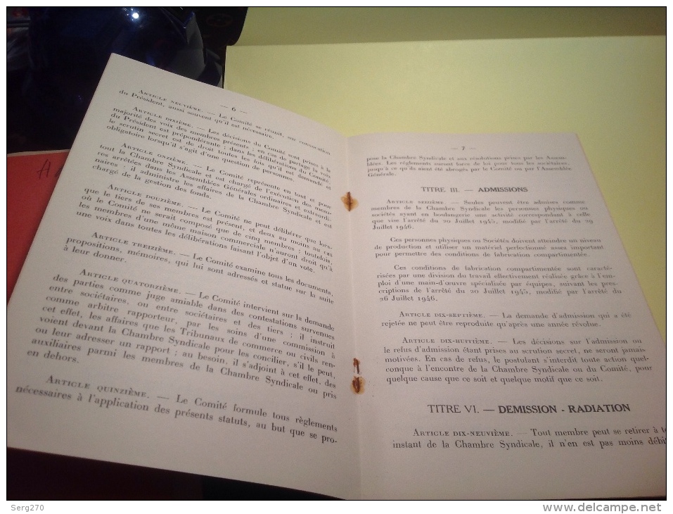 Chambre Sydicale Nationale Des Entreprises Industrielles De Boulangerie Statuts Lille 1963  Statut - Droit