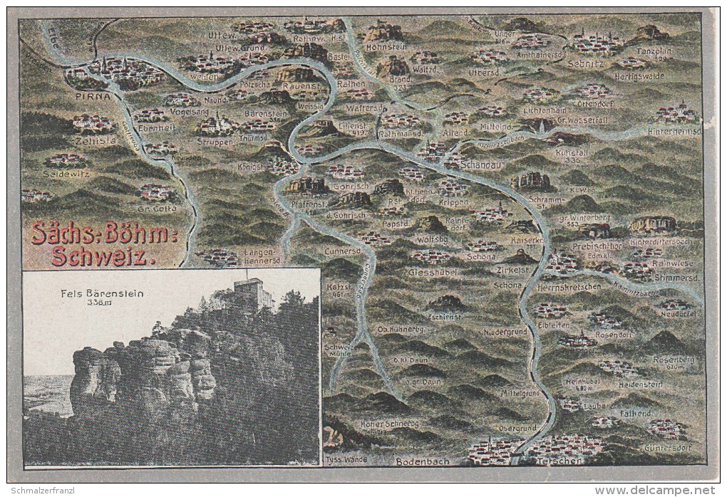 Litho Landkarte AK Sächsische Böhmische Schweiz Gasthof Bärenstein Obergrund Güntersdorf Neudörfel Rosendorf Tetschen - Wehlen