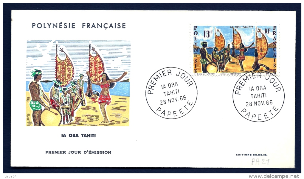 LETTRE FDC POLYNÉSIE FRANCAISE- IA ORA TAHITI- TIMBRE  P.A N° 21-  ILLUSTRATION-   CAD 28-11-1966 - Cartas & Documentos