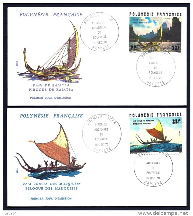 SÉRIE 4 LETTRES FDC POLYNÉSIE FRANCAISE-  PIROGUES ANCIENNES- TIMBRE P.A. N° 135 A 138-  CAD DU 16-12-76-  2 SCANS - Cartas & Documentos