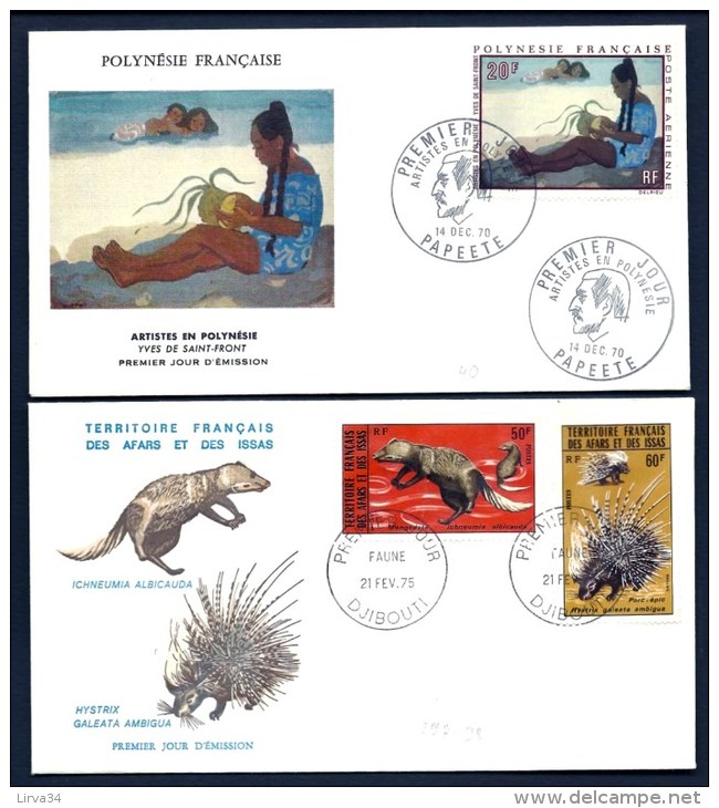 2 FDC POLYNÉSIE FRANCAISE ARTISTES + AFARS ET ISSAS FAUNE- TIMBRES N° 40 + 397-98-   1970- 75- - Briefe U. Dokumente