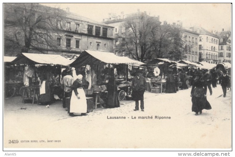 Lausanne Switzerland, Marche Riponne Market Scene, C1900s Vintage Postcard - Lausanne