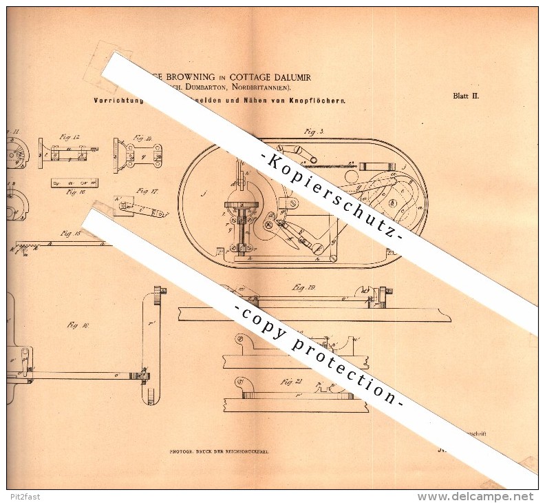 Original Patent - George Browning In Cottage Dalumir , Dumbarton , 1885 ,Apparatus For The Production Of Buttonholes !!! - Dunbartonshire