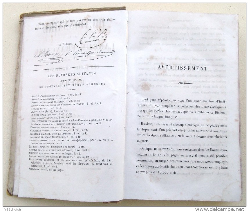 DICTIONNAIRE DE LA LANGUE FRANÇAISE 1852 A L USAGE DES ECOLES CHRETIENNES - Dizionari