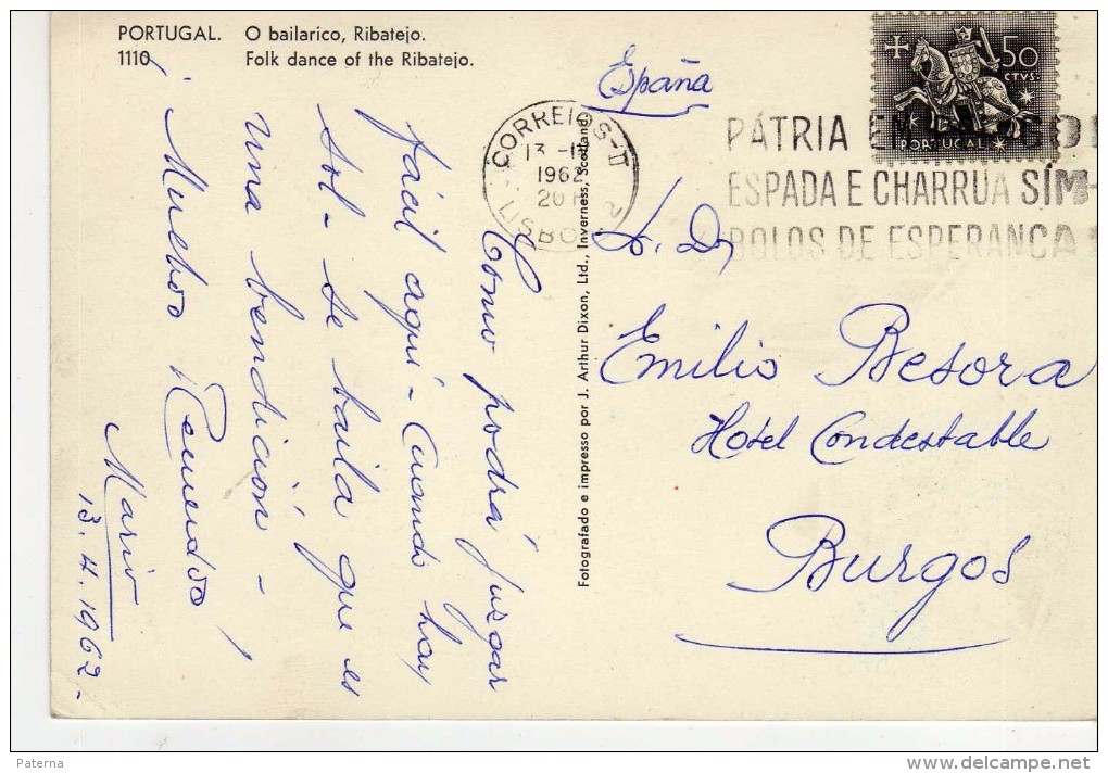 2894  Postal Portugal  Lisboa 1962 Flamme " Patria En Peligro Espada E Charrua Simbolo De Esperanza - Cartas & Documentos