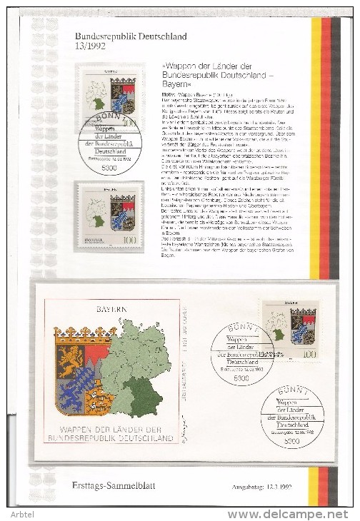 ALEMANIA 1992 DOCUMENTO CON SELLO MAT Y FDC ESCUDO BAYERN - Otros & Sin Clasificación