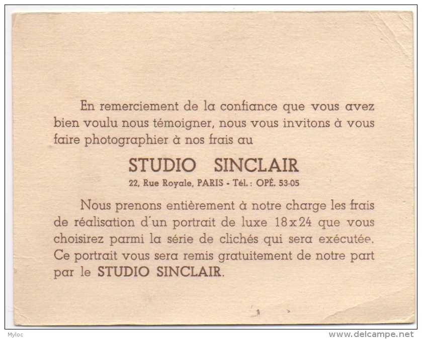 Photo. Carte Publicité. Studio Sinclair. Paris. Rue Royale. Cachet Au Dos 1949. - Autres & Non Classés