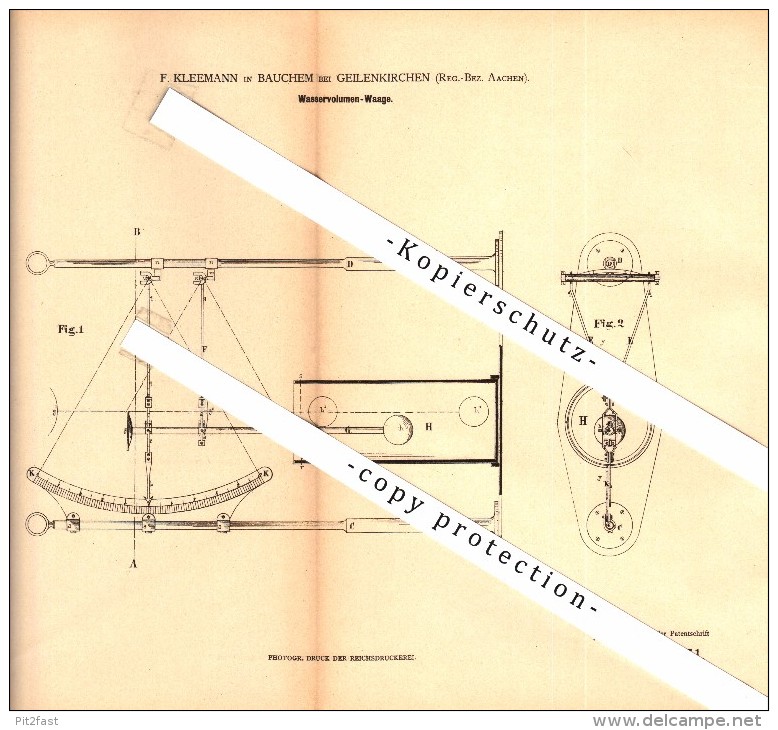 Original Patent - F. Kleemann In Bauchem B. Geilenkirchen , 1878 , Wasser-Volumenwaage , Wasserwaage , Waage !!! - Geilenkirchen