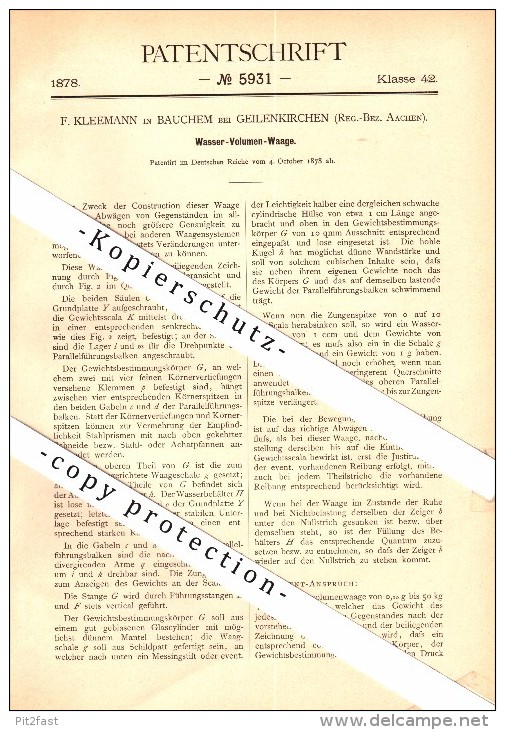 Original Patent - F. Kleemann In Bauchem B. Geilenkirchen , 1878 , Wasser-Volumenwaage , Wasserwaage , Waage !!! - Geilenkirchen