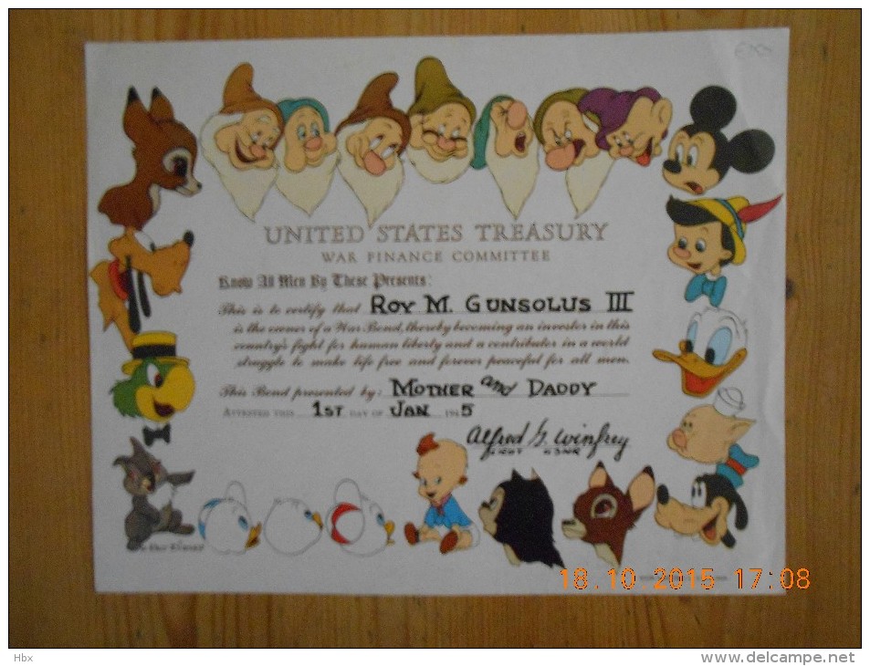 Disney Certificate - US Treasury - War Finance - 1945 - Cinéma & Théatre