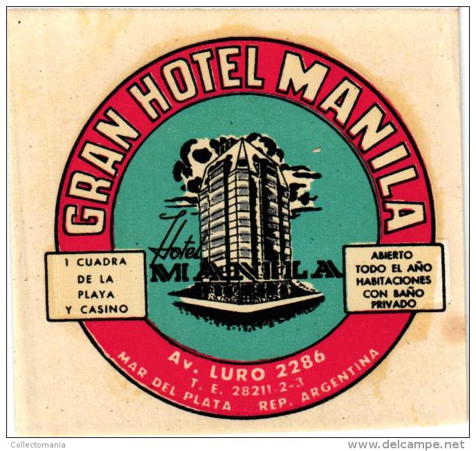 19 HOTEL Labels coltion lARGENTINA MAR del PLATA Corona Luxor IRUNA Dora Grillon Manila Minerva Park Pinot