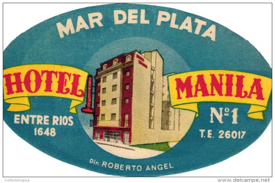 19 HOTEL Labels coltion lARGENTINA MAR del PLATA Corona Luxor IRUNA Dora Grillon Manila Minerva Park Pinot