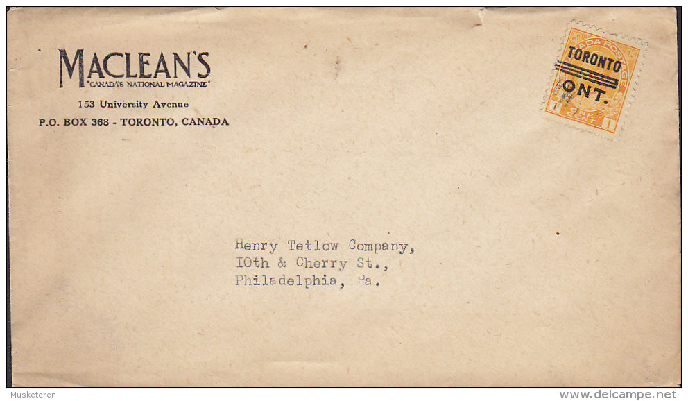 Canada MACLEANS "Canadas National Magazine" TORONTO Precancel Préoblitéré Cover Lettre PHILADELPHIA USA GV. Stamp - Precancels