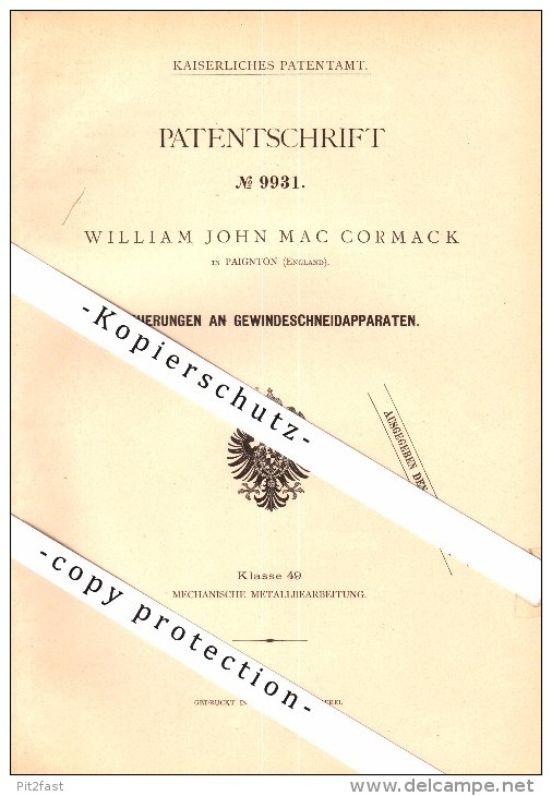 Original Patent - W.J. Mc Cormack In Paignton , 1879 , Tapping Attachment !!! - Paignton