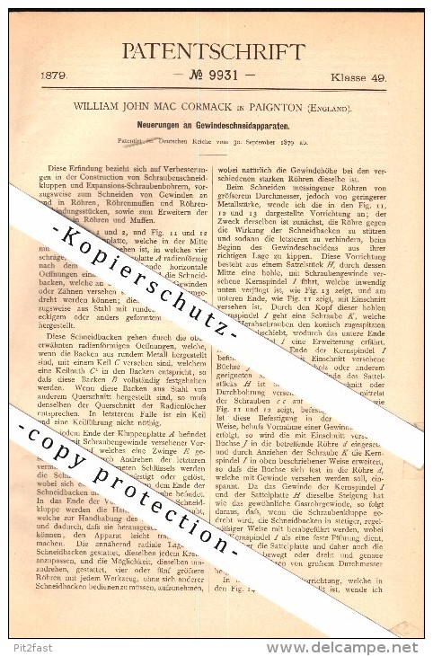 Original Patent - W.J. Mc Cormack In Paignton , 1879 , Tapping Attachment !!! - Paignton