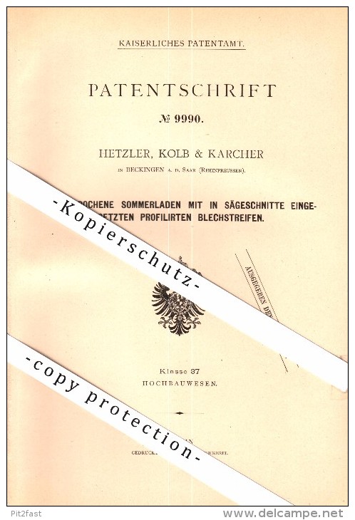 Original Patent - Hetzler , Kolb & Karcher In Beckingen , 1879 , Durchbrochene Sommerladen , Fensterbau , Fenster !!! - Kreis Merzig-Wadern