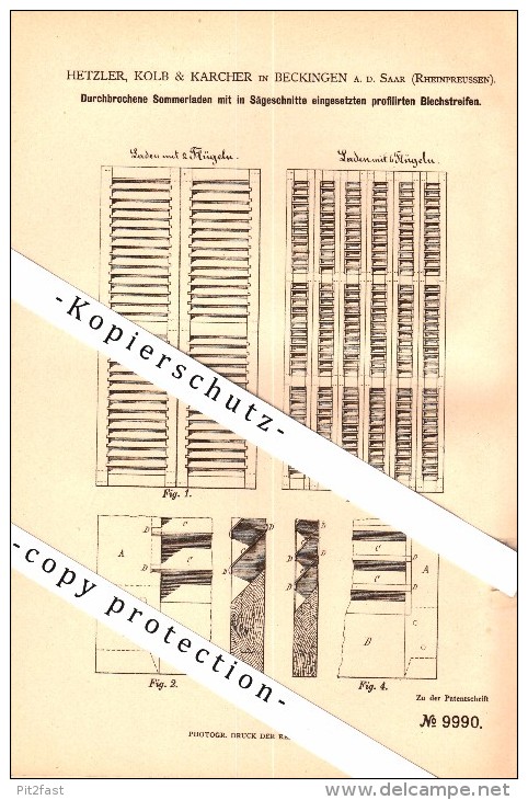 Original Patent - Hetzler , Kolb & Karcher In Beckingen , 1879 , Durchbrochene Sommerladen , Fensterbau , Fenster !!! - Kreis Merzig-Wadern