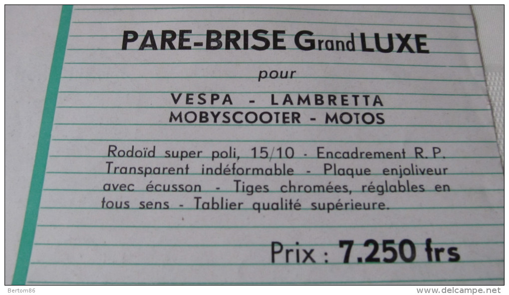 PUBLICITE 1956 / 1957 - PARE-BRISE VESPA / LAMBRETTA / MOBYSCOOTER / MOTOS - FABRICATION NICE. - Publicités