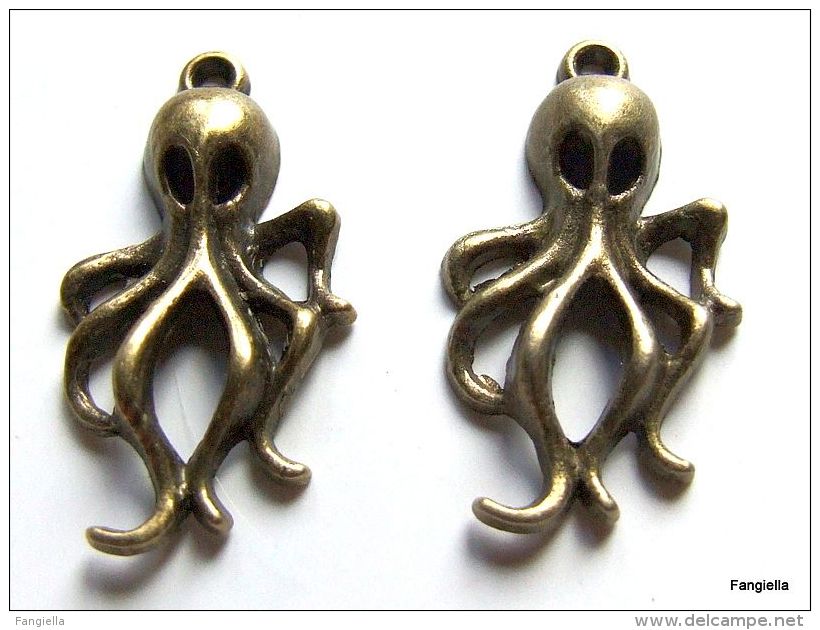 4 Breloque Pieuvre Poulpe Bronze Sans Nickel Ni Plomb Environ 30x16x5mm - Pearls
