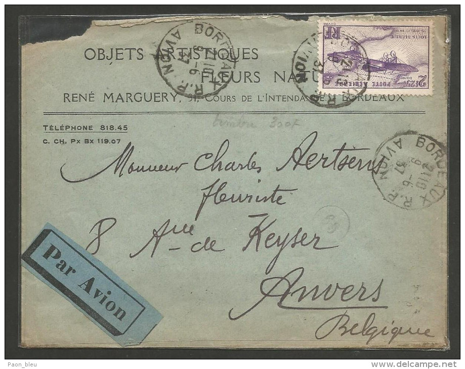 France - PA N°7 Sur Lettre Par Avion De Bordeaux à Anvers - 1927-1959 Lettres & Documents