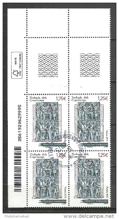 EUROPA-ANDORRA CORREO FRANCES BLOQUE DE 4 SELLOS 2015 MATASELLADOS (C.H.C.10.15) - Used Stamps