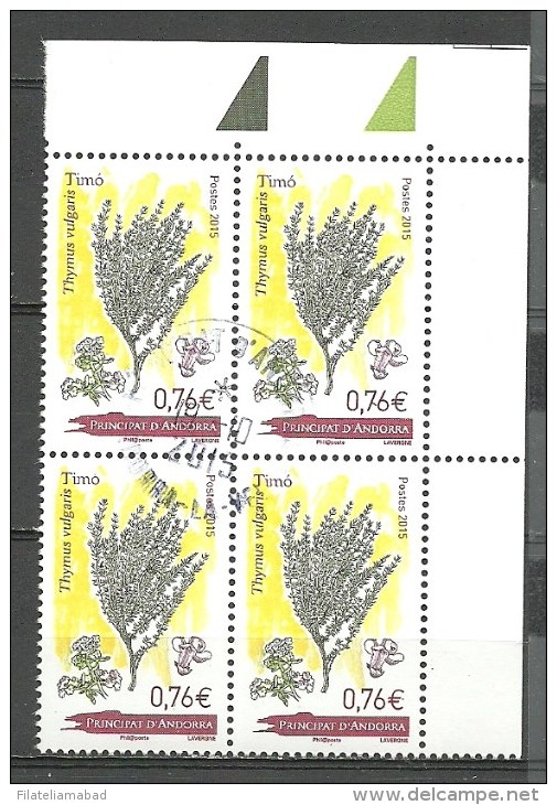 EUROPA-ANDORRA CORREO FRANCES BLOQUE DE 4 SELLOS 2015 MATASELLADOS (C.H.C.10.15) - Used Stamps