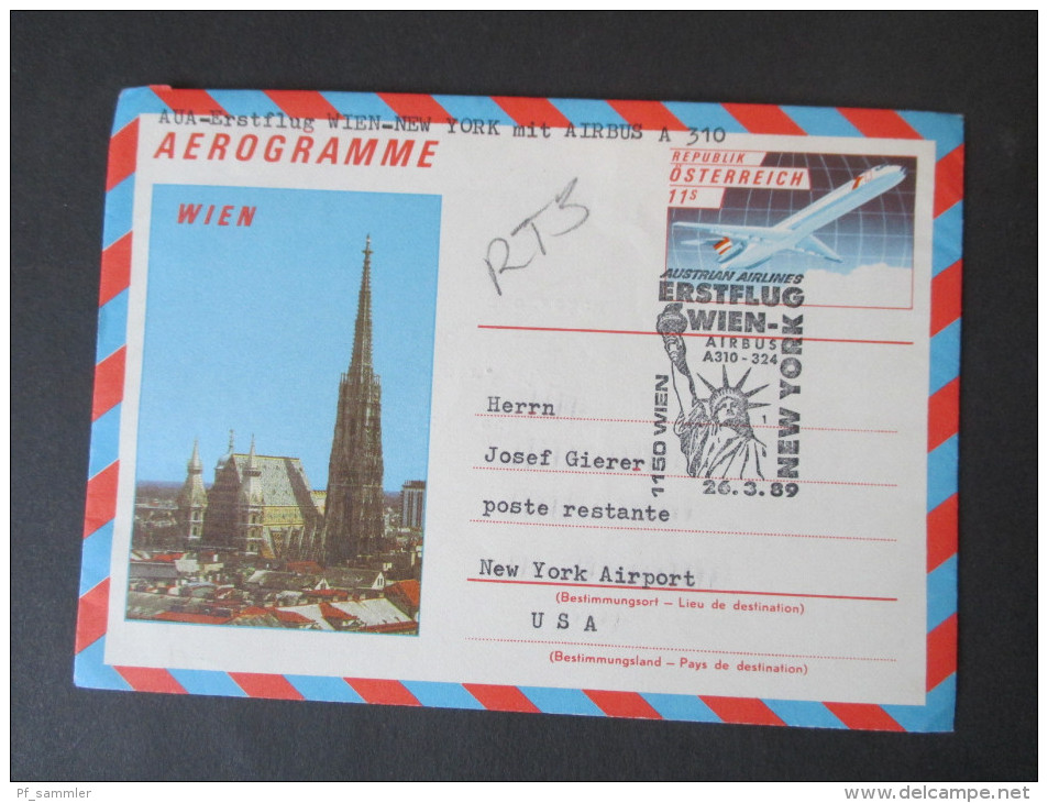 Österreich 1964 - 89 Luftpostfaltbriefe / Aerogramme 6 Stück verschiedene Motive und Typen! AUA Erstflug / Int. Luftpost