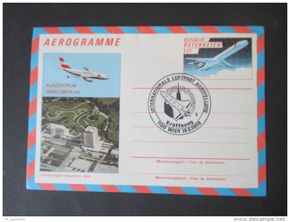 Österreich 1964 - 89 Luftpostfaltbriefe / Aerogramme 6 Stück verschiedene Motive und Typen! AUA Erstflug / Int. Luftpost