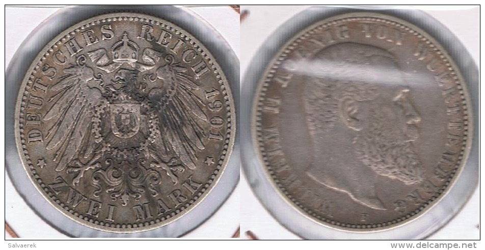 ALEMANIA  DEUTSCHES REICH 2 MARK WURTTEMBERG 1901 PLATA SILVER S - 2, 3 & 5 Mark Argent