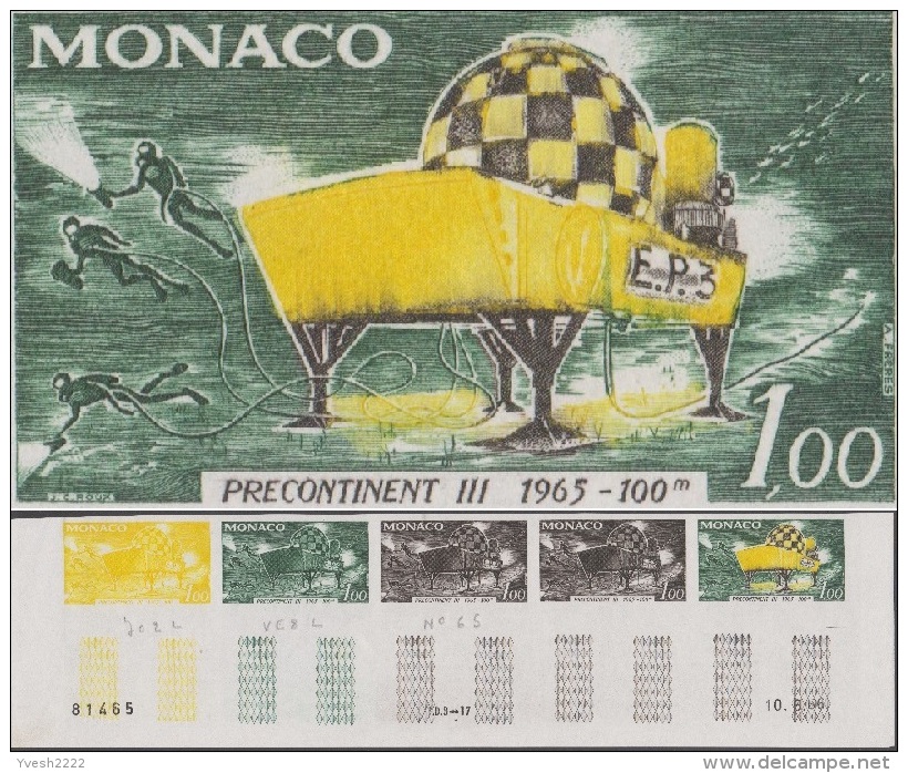 Monaco 1966 Y&T 705. Bande De 5 Essais De Couleurs. Station Sur Le Fond Marin (- 100 Mètres). Plongeurs, Scaphandriers - Immersione